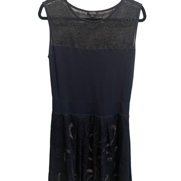 ESCADA navy blue midi dress lace details illusion neckline Size Large - Picture 4 of 10